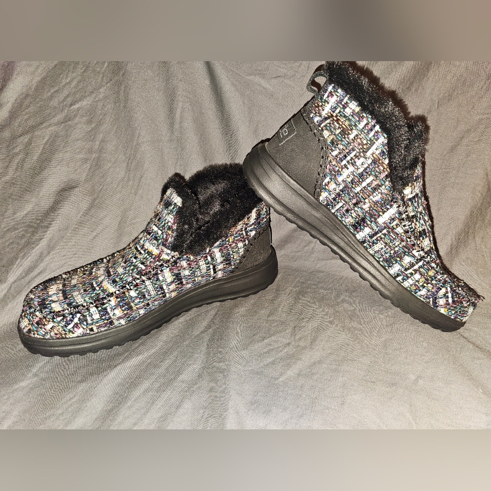 Hey Dude Women’s Multicolor Tweed Slip-On Ankle Booties with Black Fur Trim